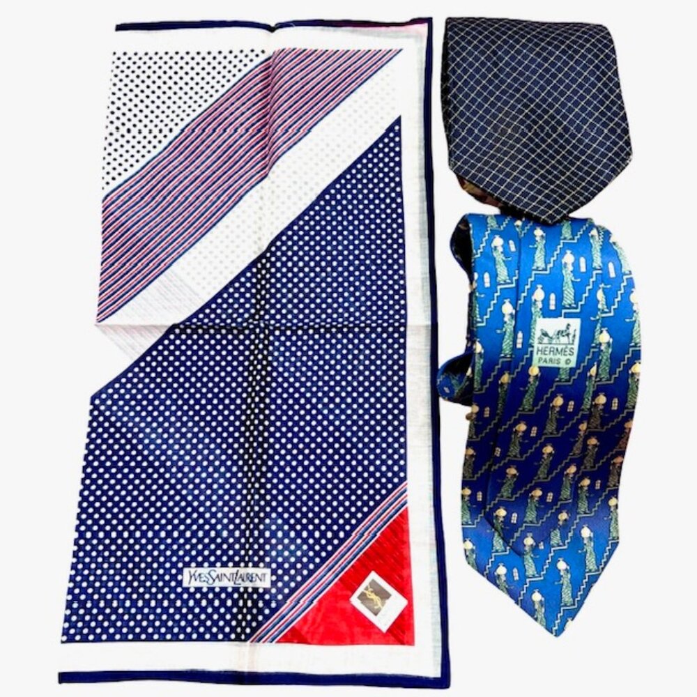 Set Necktie Silk : Hermes Paris & Les Mues Paris Blue + YSL Handkerchief 16"(48 - Picture 15 of 15